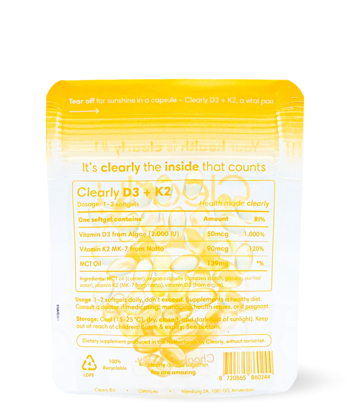 Clearly D3 + K2 supplement bottle with white cap and label, shown from the back.